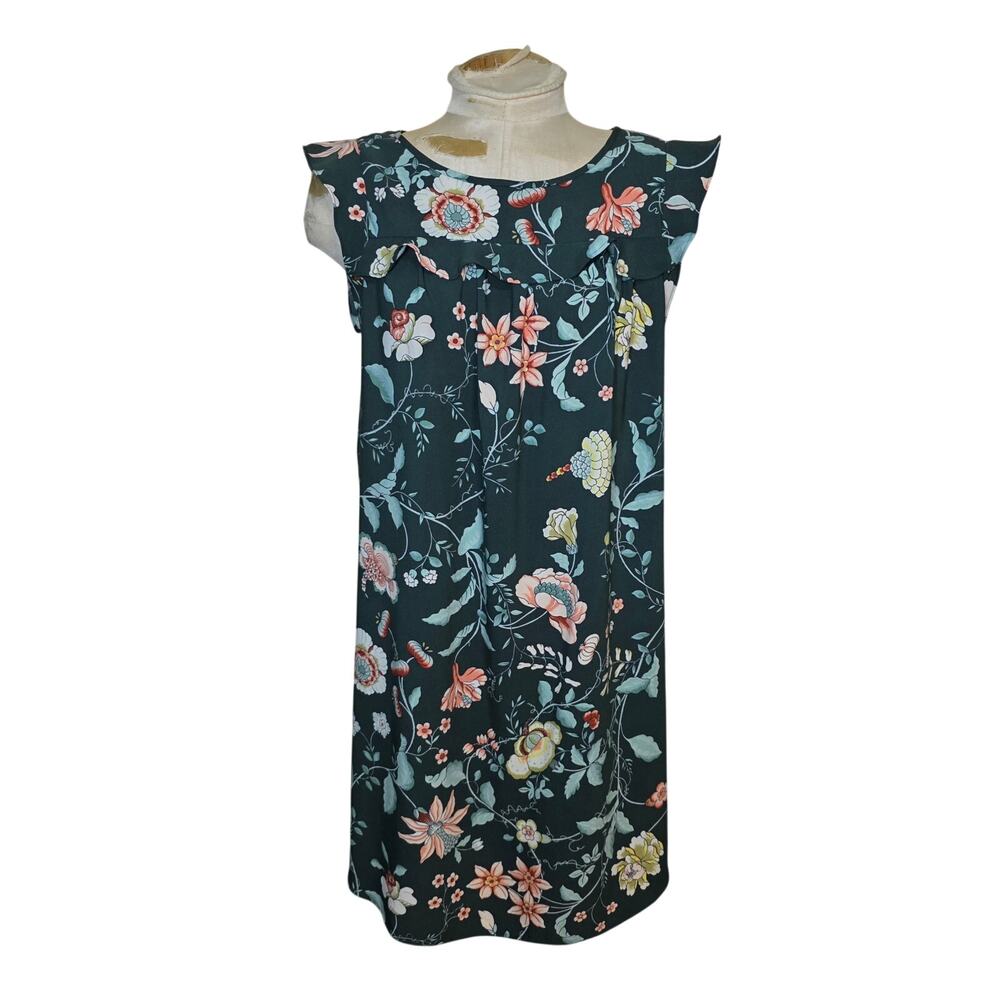 Loft Outlet Women's Shift Dress Green Floral Ruffle Cap‎ Sleeve Size M